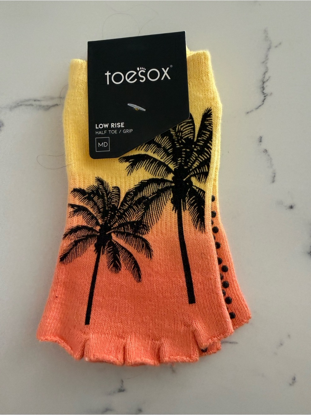 toesox Low Rise Half Toe Grip Socks - Yellow to Orange with Black Palm Print